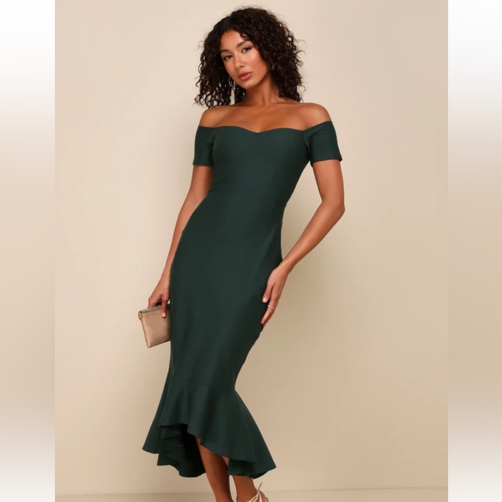 Lulus How Much I Care Off-the-Shoulder Midi Dress Dark Green Size